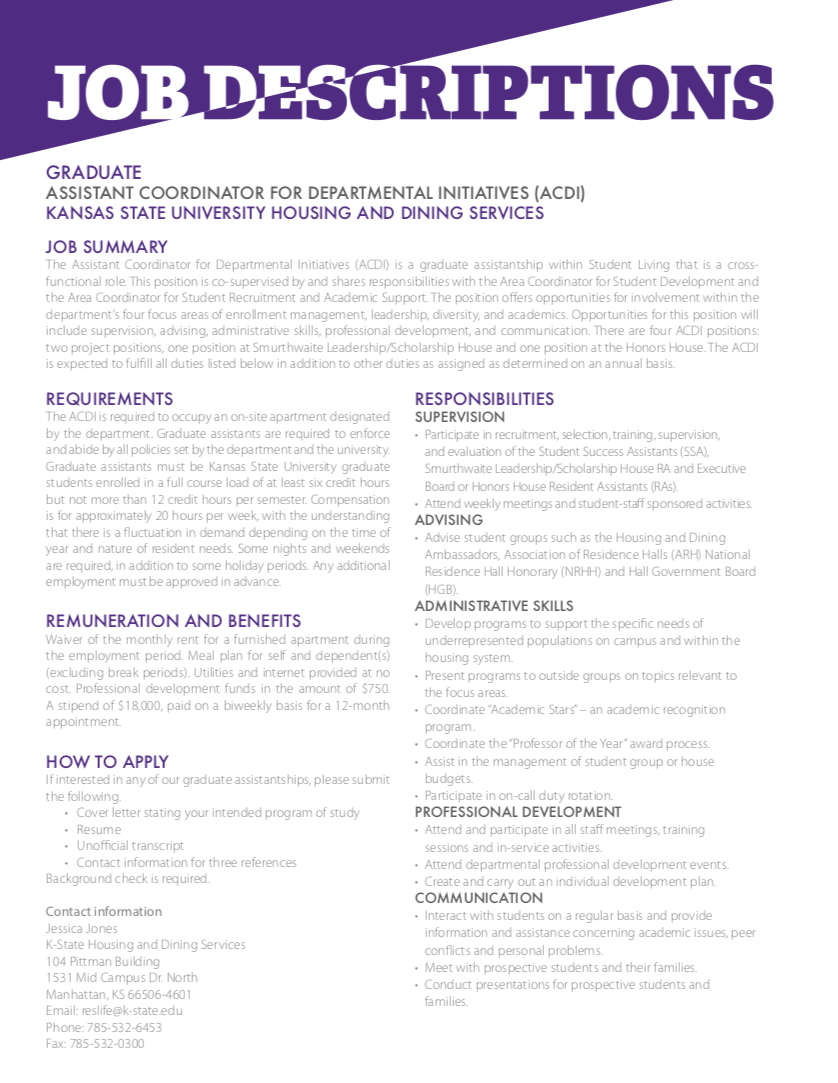 Position Descriptions Graduate Assistantships at Kansas State